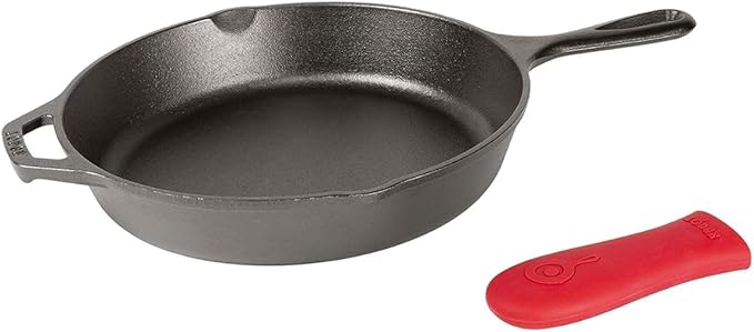 Lodge 12 Inch Cast Iron Skillet with Red Silicone Hot Handle Holder